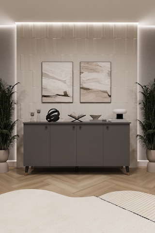 Asra Trend 4 Kapaklı Konsol KNSL01 %100 MDF Metal Ayaklı Çok Amaçlı Dolap Antrasit