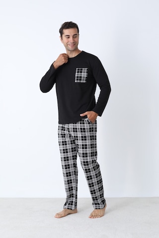 Arcan Erkek Pijama Takımı Uzun Kol Ekose Pamuklu Siyah