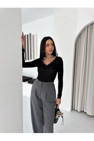Defymoda Dantel Detaylı V Yaka Arkası V Yaka Kaşmir Dokulu Uzun Kollu Bluz - Vişne Çürüğü