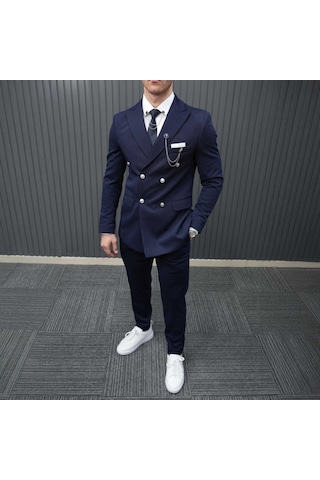 Beystil Sivri Yaka Lacivert Kruvaze Takım Elbise Petek036 - Slim Fit Lacivert