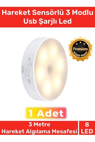Premium Üretim Mıknatıslı 3 Mod Pratik Hareket Sensörlü 8 Ledli Usb Şarjlı Beyaz Işık Gece Lambası Çok Renkli