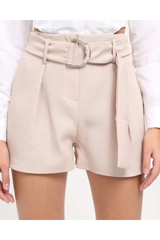 Hgfashion Yüksek Bel Kemerli Bej Rengi Şort Bej
