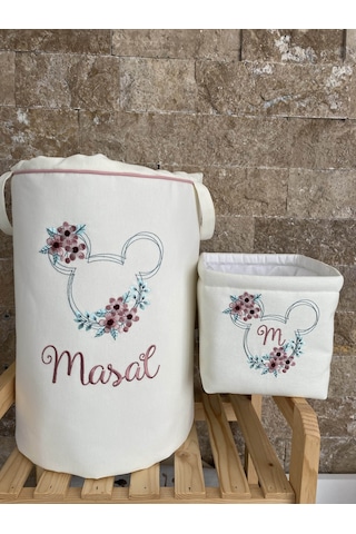 HS Hometex Minnie Mouse Nakışlı Bez Kirli & Oyuncak Sepet Seti