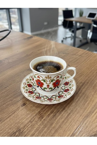 Fincan Aşkı 6 Kişilik Türk Kahvesi Fincan Takımı, Çiçek Desenli Porselen, Bakır Cezve Hediyeli, Fincan Ve Tabak Çok Renkli