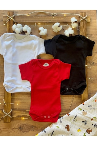 Betül Bebek Kısa Kollu 3'lü Organik Pamuk Çıtçıtlı Bebek Body&zıbın Siyah,beyaz,kırmızı Çok Renkli