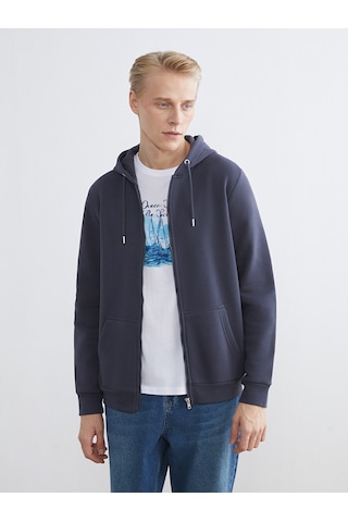 Lcwaıkıkı Classic İndigo Kapüşonlu Uzun Kollu Erkek Fermuarlı Sweatshirt
