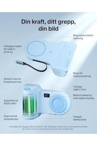 Stage Powergrip, Manyetik Kablosuz Şarjlı Kamera Tutacağı 9300 Mah, Geri Çekilebilir Usb-c Kablolu Power Bank, Bluetooth & Tripod Bağlantısı, Lcd Ekran, iPhone Uyumlu Ve Pixel İçin Şarj Cihazı