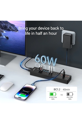 Acasis Ds516pb - 16 Port 5gbps Usb-a 3.0, Usb 2.0, Type-c 3.0, Akıllı Şarj Portu, Alüminyum Kasa, 60w Güç Adaptörlü, Led Işıklı, Usb / Type-c Çoklayıcı , Akıllı Şarj Hub Ds-516pb