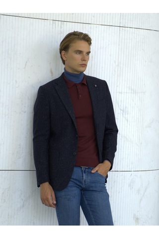Erkek Yün Ceket Nopeli Mono Yaka Torba Cep Çift Yırtmaç Slim Fit Ceket Ncs Jeans 4003-Lacivert