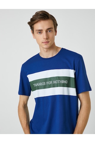 Koton Slogan Baskılı Tişört Renk Bloklu Bisiklet Yaka Kısa Kollu Mavi 3Sam10199Hk 3Sam10199Hk624 Mavi