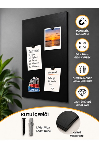Mooly Siyah Manyetik Metal Pano 50x70 Cm, Dekoratif Fotoğraf Ve Not Panosu