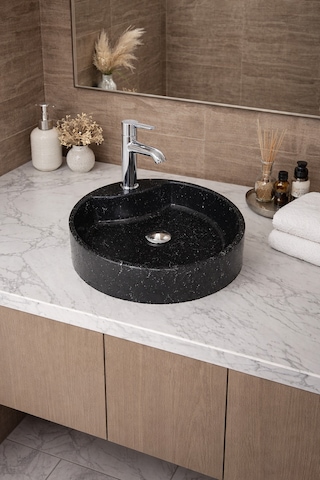 Mermer Desenli Tezgah Üstü Yuvarlak Çanak Taş Lavabo 45 Cm Musluk Delikli Siyah
