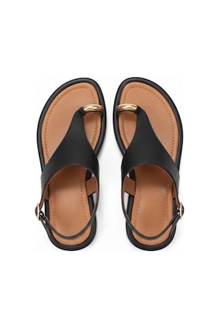 Ne&ve Shoes Siyah Hakiki Deri Aksesuar Detaylı Parmak Arası Kadın Arkadan Tokalı Sandalet