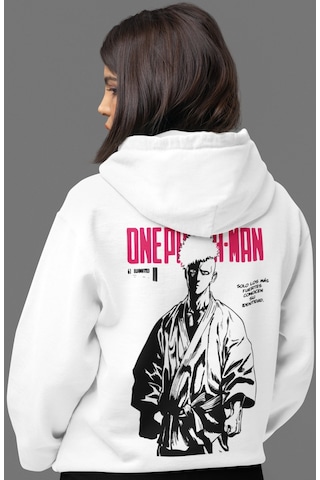 Sevbano Tasarım One Punch Man Anime Sırt Baskılı Unisex Oversize Penye Ho beyaz