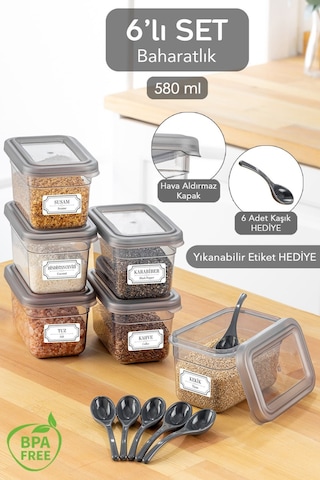 6'lı Sızdırmaz Kapaklı Kaşıklı Baharatlık Seti - Etiketli Baharat Saklama Kabı - 6 X 580 Ml Gri