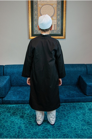 Siyah Buhara Yaka Namaz Elbisesi Erkek Çocuk Cübbe Siyah