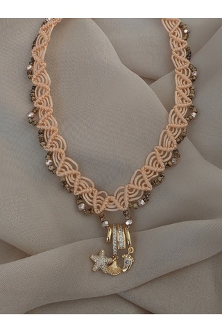 Makrome Bohem İp Örme Siyah El Yapımı Bağlamalı Kolye Pembe