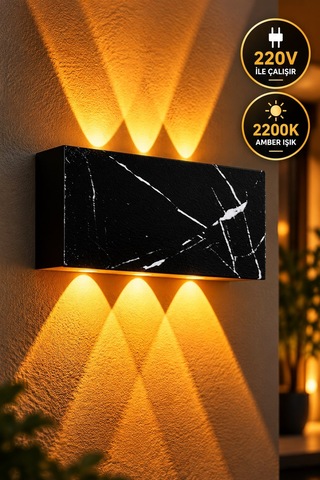 Siyah Beyaz Mermer Desenli 12w 2200k Amber Işıklı 3 Gözlü Yukarı Aşağı Dekoratif Duvar Apliği 16 Cm Amber Işık