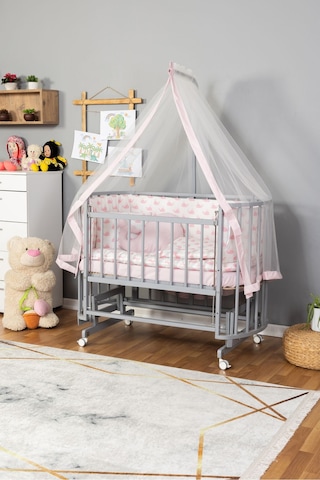 Ahşap Beşik Anne Yanı Beşik Gri 60x120 Pembe Balina Uyku Seti Yatak Tekerlekli Gri