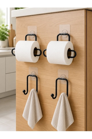 Duvara Yapışkanlı Rulo Kağıtlık Ve Havlu Askılığı 2 Şer Adet 4 Lü Set Antrasit Melanj