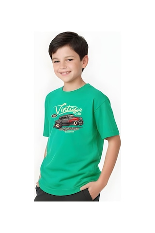 Fyk Kids Erkek Çocuk Yuvarlak Yaka İntage Car Baskılı T-shirt Yeşil