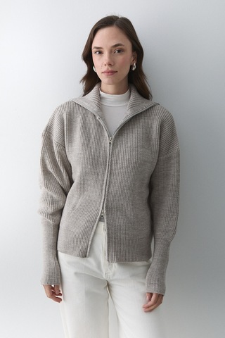 Koyu Bej Çift Fermuarlı Hırka - 251080 Koyu Bej