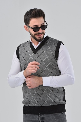 Kzc Tekstil Erkek Baba Ve Orta Yaş Baklava Çizgi Desenli Akrilik Kalın Dokulu V Yaka Triko Süveter Gri-antrasit