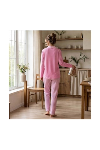 Pijamoni Kadın Premium Milan Kumaş Gömlek Yaka Uzun Kollu Pijama Takımı Koyu Pembe Çizgili