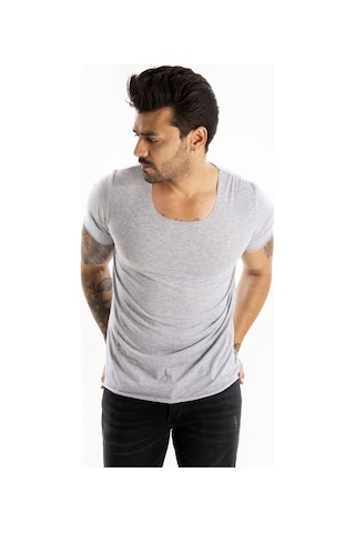 Deepsea Erkek Gri Geniş Yaka Likralı Tişört Oval Yaka Slim Fit Eteği Oval Açık Yaka T-shirt 1801199 Gri