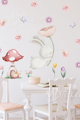 MSticker Sevimli Tavşan Ve Arkadaşları - Bahar Temalı Eğlenceli Çocuk Bebek Odası Sticker Seti