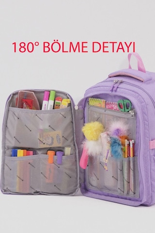 Tavşan Figürlü 3'lü Kız Çocuk Okul Çantası Seti - Kalemlik Ve Termal Beslenmeli İlkokul Çantası Pembe-lila