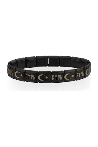 Ay Yıldızlı Göktürkçe Türk İtalyan Charm Unisex Çelik Bileklik Scb60 Siyah 98754406