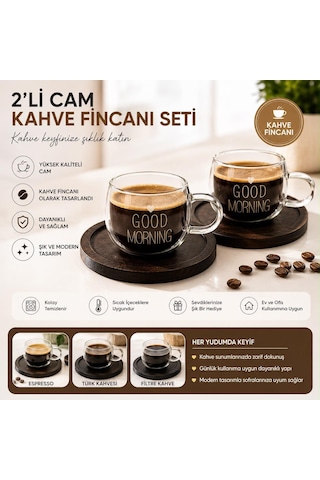 2 Li Good Morning Kahve Fincanı- Kahve Altlığı Şeffaf