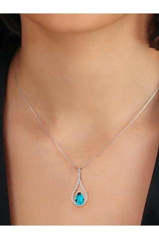 Brezza Lusso Jewelry Pırlanta Model Aquamarin Taşlı Damla Kadın Gümüş Kolye 45 CM