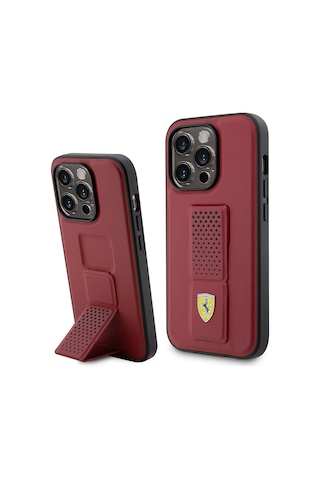 Apple Uyumlu iPhone 14 Pro Kılıf Ferrari Lisanlı Klasik Metal Logolu Delikli Standlı Deri Kapak Kırmızı