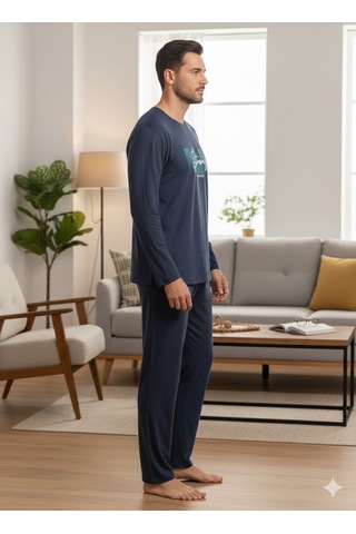 Erkek Uzun Kol Kışlık Pijama Takım Koyu Mavi