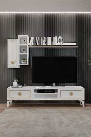 Tocco 1051 Mahur Modern Kitaplıklı Raflı Sehpa Tv Ünitesi-beyaz
