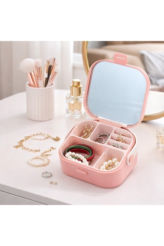 Premium Mini Takı Kutusu Aynalı Seyahat Boy Bölmeli Mücevher Organizer - Beyaz 1 Sıra Beyaz