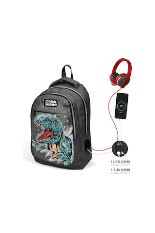 Coral High Okul Sırt Çantası Ve Beslenme Çantası Seti - Erkek Çocuk Siyah Dinazor - Usb Soketli