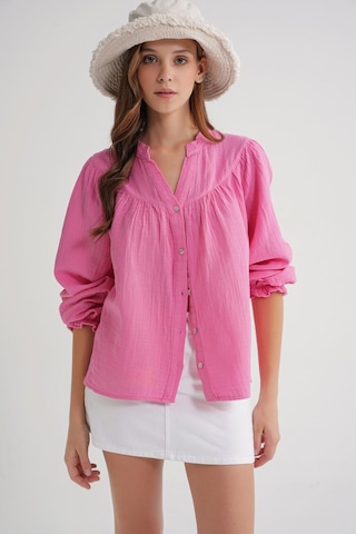 4733 Kadın Büzgü Robalı Uzun Kol Müslin Gömlek Pembe Pembe