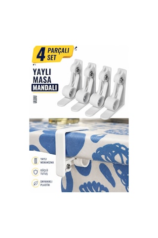 4 Parçalı Yaylı Masa Mandalı Masa Örtüsü Sabitleyici Mandal Kaydırmaz Klips Beyaz