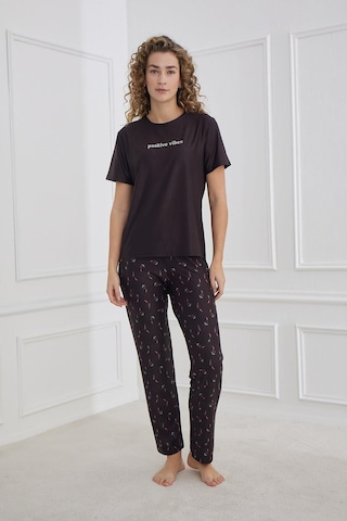 Kompedan Kadın Çiçek Desenli Kısa Kollu Pijama Takım Siyah 30102-1167 Siyah