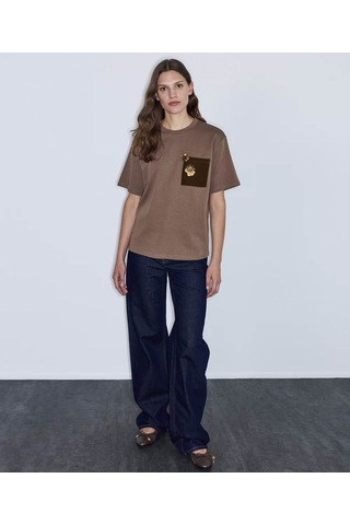 İpekyol Kontrast Cepli Aplikeli Kahverengi Kadın T-shirt Iw6260070176