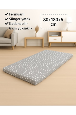 Sünger Yatak 80x180x6 Cm, Yer Yatağı, Balkon Yer Minderi,şantiye,karavan,deprem Yatağı-gri Yıldız