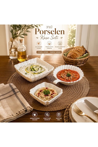 3'lü Beyaz Porselen Kase Seti 3 Farklı Model Salata, Meze Ve Tatlı Sunum Kasesi 15 Cm - 16 Cm Çok Renkli