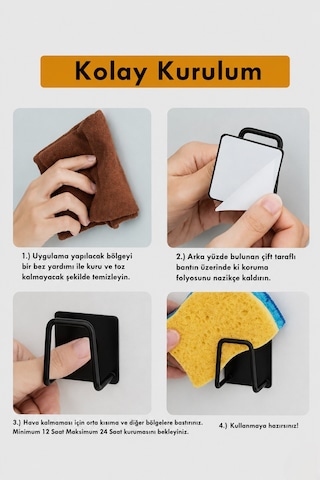 Mainshop 4 Adet Siyah Sünger Askılığı - Paslanmaz Çelik Suya Dayanıklı Delme Gerektirmeyen Tutucu M-sng1