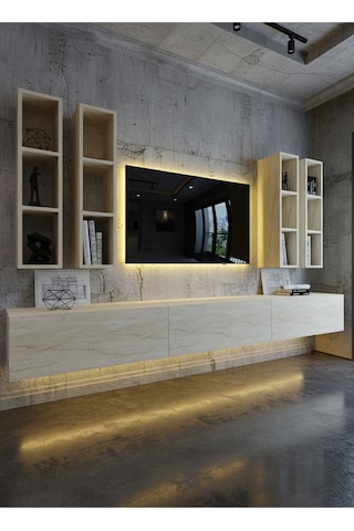 Resital Ledli Duvara Monte Tv Sehpası - Traverten - W6005-8 Traverten