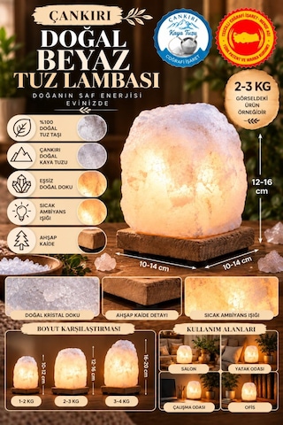 Çankırı 2-3 Kg Beyaz Doğal Kaya Tuzu Lambası Ahşap Kaideli Dekoratif Lamba