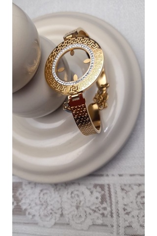 Uzel Çelik Gold Altın Renk Işlemeli, Taşlı, Çeyrek Altın Takılabilen Çelik Bileklik