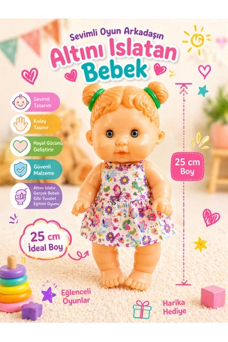 Altını Islatan Oyuncak Bebek 25 Cm Sevimli Eğitici Bebek Seti Biberon & Aksesuar Dahil Çok Renkli